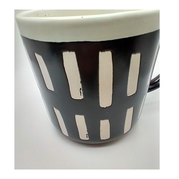 VTG MCM Cream Speckled Stoneware Mug Black Striped Glaze 14oz C Handle - Picture 3 of 8